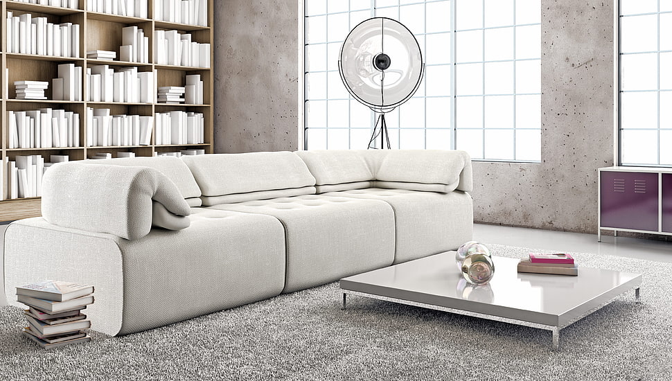 white micro suede couch near center table HD wallpaper